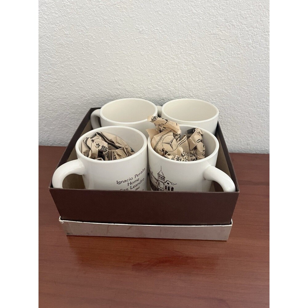 Vtg Fremont Bank Mug Set Of 4 San Leandro Railway Estudillo Ignacio Peralta Box